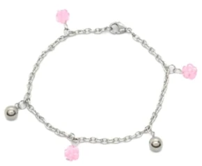 Pulsera de Acero Quirurgico eslabon tiff con bolitas y flor murano rosa 18cm